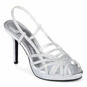 Monet Christy Silver Glitter Slingback Open Toe Heels Sandals